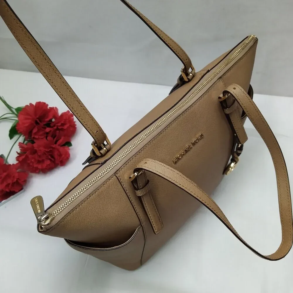 Michael Kors Jet Set Beige Leather Double Handles Zipper Tote Shoulder Bag - Picture 9 of 16
